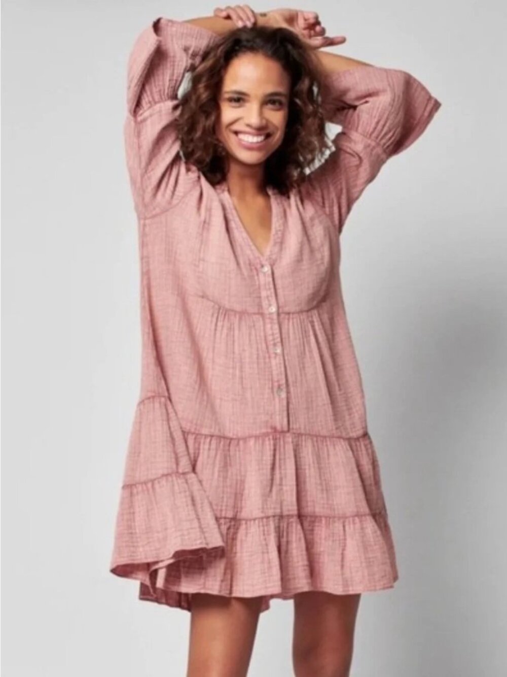 Faherty Rose Cotton Gauze Tiered Kasey Dress Size Large Faherty
